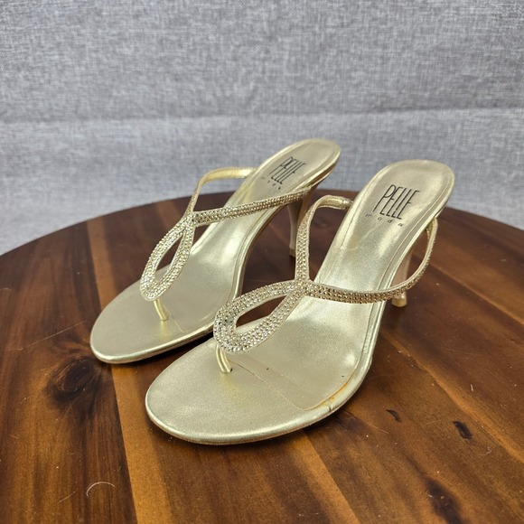 Pelle Moda Womens Gold Rhinestone Stiletto Thong Sandals Glass Stone Heels 6.5M - Picture 3 of 14